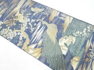 孔雀に尾長鳥・草花模様織り出し　袋帯